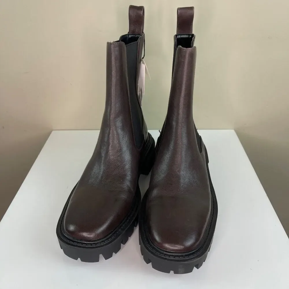 ZARA Brown Leather Ankle Boots Elastic Chunky Heel Track Sole Women 38 7.5 NEW